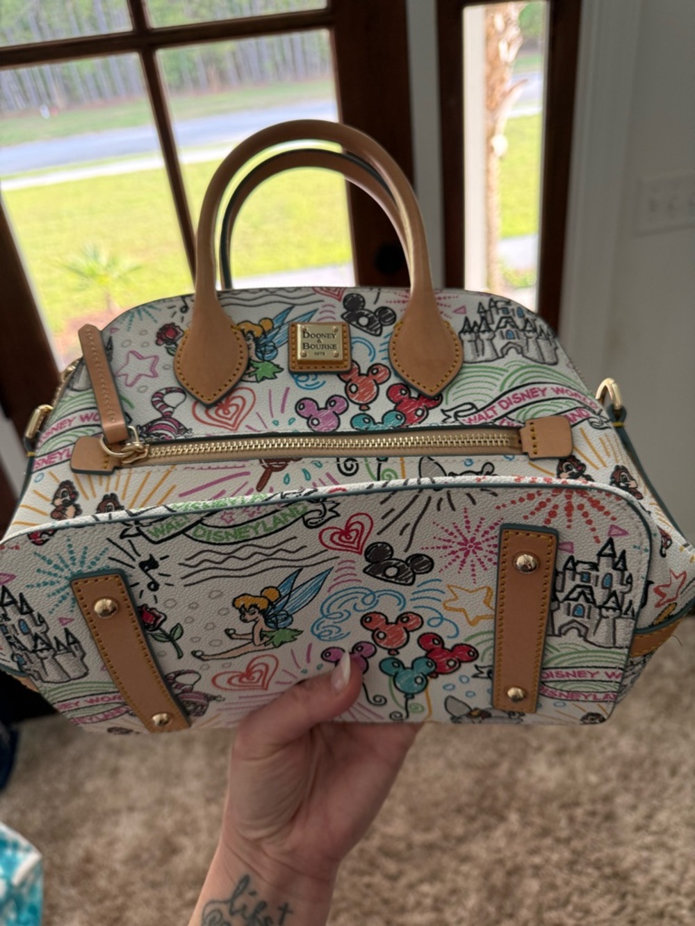 Dooney & Bourke White Multicolor Disney Sketch Satchel with Tan Trim